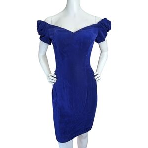 Vintage Blue Velvet Off-Shoulder Party Dress – 80s Bombshell Glam